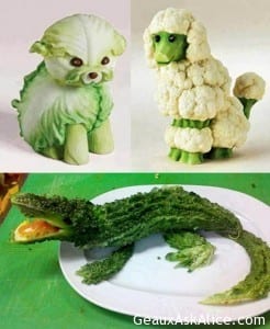 puppy, poodle and alligator made out of veggies.