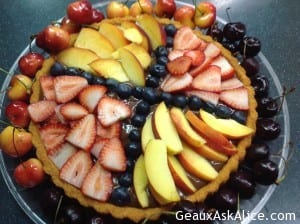 Bavarian Sponge Cake with Fresh Fruit and Chocolate Sauce