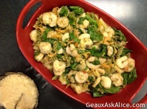 Pesto Coated Shrimp, Pasta with Spinach