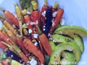 Assorted Roasted Carrots with Avocado and Feta Vinaigrette