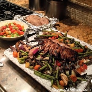 Grilled Lamb Rack with Veggies, Baked Yams and Salad!