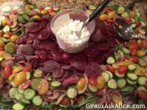 Pickled Beets, Marinated Red Onion, Baby Cucumbers, Cherry Tomatoes and Mixed Greens Salad with Feta Cheese and Balsamic Dressing