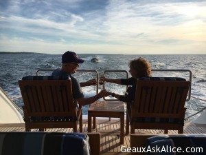 Hubby and I enjoying sunset and wine going into Martha's Vineyard