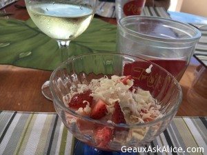 Oh my dessert was so fabulous. Fresh coconut soaked in limoncello fresh strawberries and ice cream. Yummy