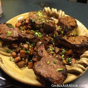 Grilled Bone-In Pork Rib Chops with Rosemary Balsamic Glazed Cubed Yams