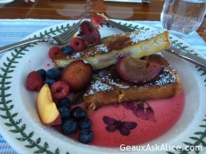 Good Morning Breakfasr! Stuffed French Toast with marinated fresh plums and beautiful fresh fruit1