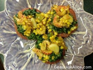 Broiled Tomato Slices Topped with Creamed Spinach, Corn and Crawfish