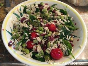 Lemony Edamame, Baby Spinach, Dried Cranberries and Feta Orzo Salad