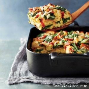 Crispy and Creamy Spinach, Bacon and Gruyere Breakfast Strata