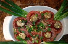 Tomatoes with Pesto Sauce over Shrimp/Corn Saute