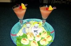 Salmon Deviled Eggs platted up with drinks