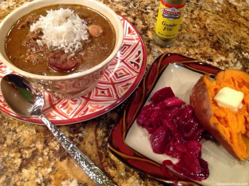 Dished up Chicken and Sausage Gumbo with Beets and Sweet Potatos