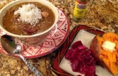 Plated Up Chicken And Sausge Gumbo With Rice, Beets And Yams As A Side