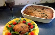 Crispy Breadcrumb Topped Layered Eggplant Wheels with Marinara Sauce (baked and served)