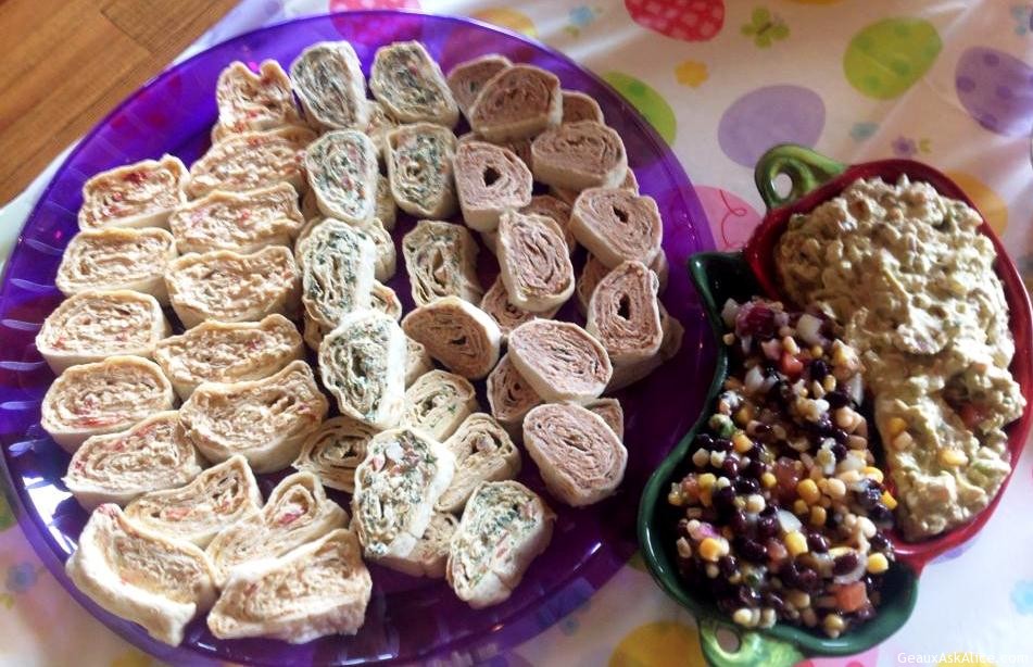 Platter with dip on the side of Flatbread Pinwheels