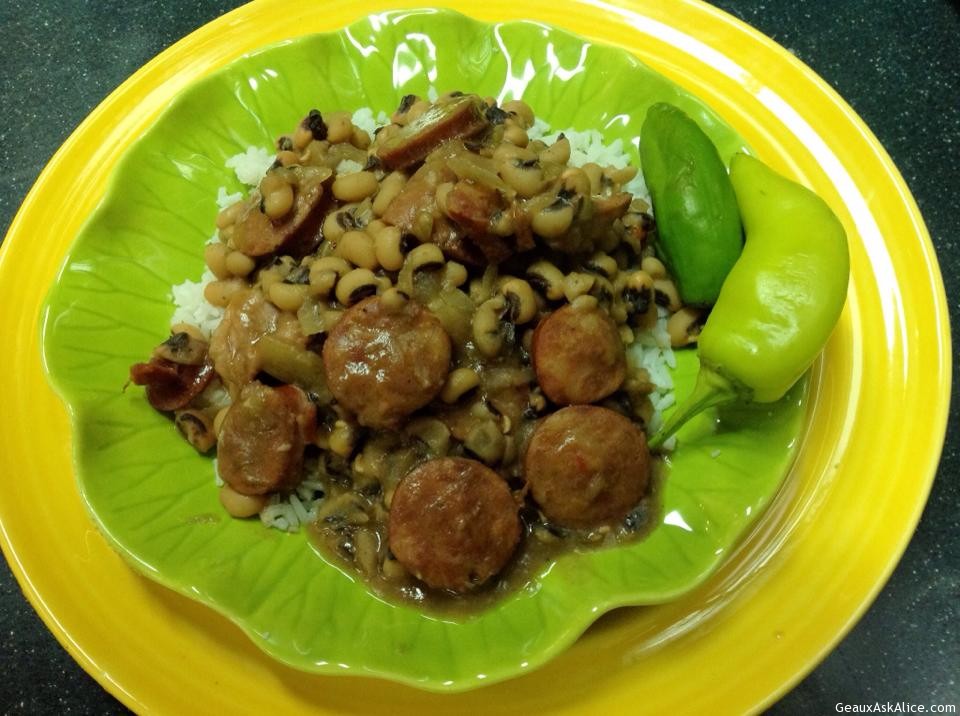 Black-Eyed Peas with Sausage Over Rice