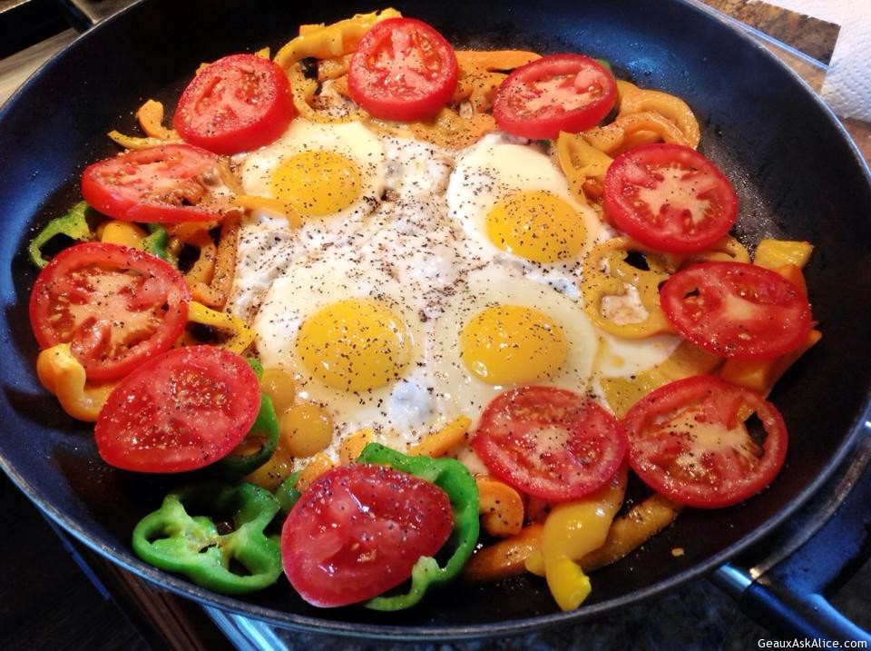 Grammie's Sunny Side- Up Eggs with Tomatoes and Bell Peppers