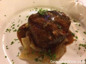 Petite Filet Over Carmelized Onions Laced with Sauce Bordelaise