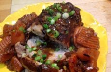 Smothered Boneless Stuffed Pork Loin with Yams and Carrots