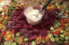 Pickled Beets, Marinated Red Onion, Baby Cucumbers, Cherry Tomatoes and Mixed Greens Salad with Feta Cheese and Balsamic Dressing