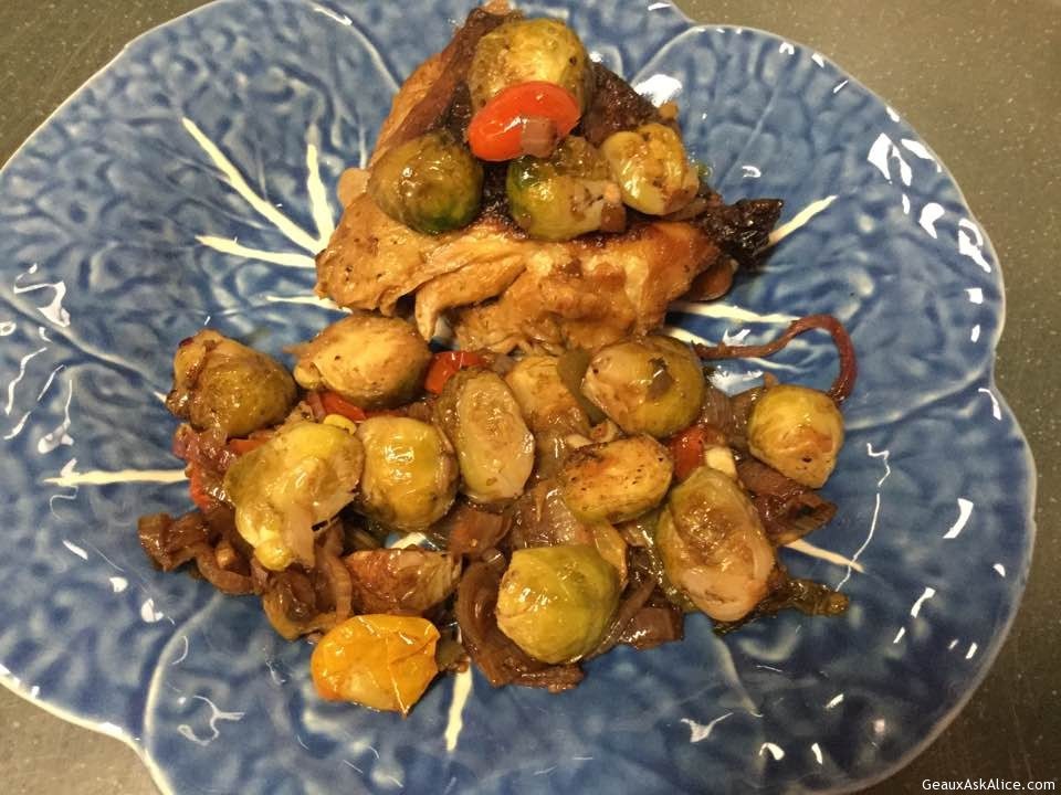 Roasted Chicken Thighs with Brussels Sprouts Garnish
