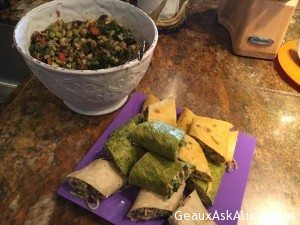 Vegan Lunch for my visitor! Lentil Soup with Quinoa; Edamame/Veggie Salad; Hummus/Spinach/Broccoli Slaw Wraps