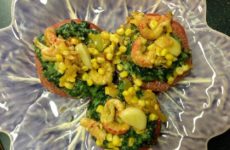 Broiled Tomato Slices Topped with Creamed Spinach, Corn and Crawfish