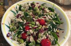 Lemony Edamame, Baby Spinach, Dried Cranberries and Feta Orzo Salad