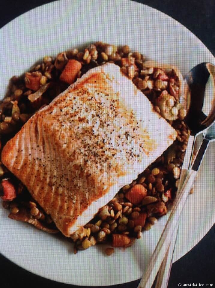 Roasted Savory Salmon with Lentils
