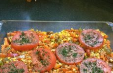 Baked Yam, Corn, Pepper, Tomato Casserole