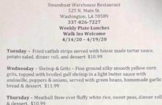 Here is Steamboat Warehouse Restaurant’s Menu for this week.