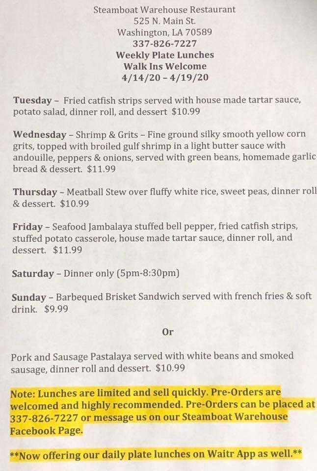 Here is Steamboat Warehouse Restaurant’s Menu for this week.