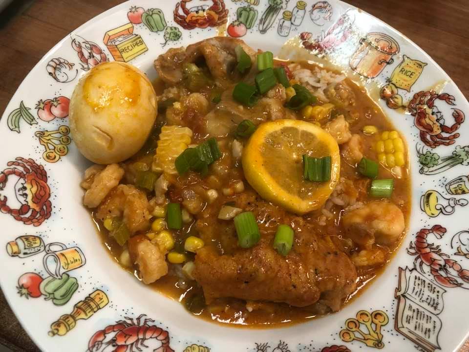 Fish and Shrimp Stew; Crab Cakes and Salad
