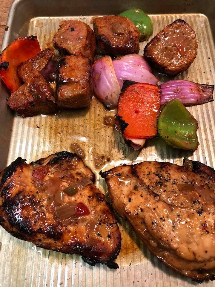 Salad Spanish Rice with Shrimp and Black beans Corn on cob. Grilled Chicken Breast and Steak kebabs