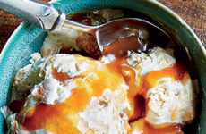 Tipsy Peach Cobbler Ice Cream with Bourbon Caramel Sauce