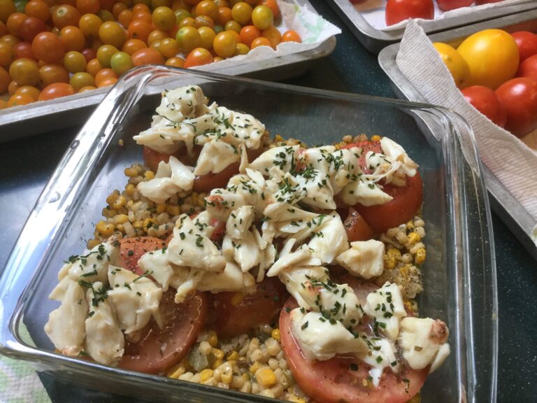 JumboLumpCrabmeatToppedFreshTomatoesoverCornCasserole Geaux Ask Alice!