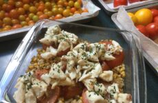 Jumbo Lump Crabmeat Topped Fresh Tomatoes over Corn Casserole