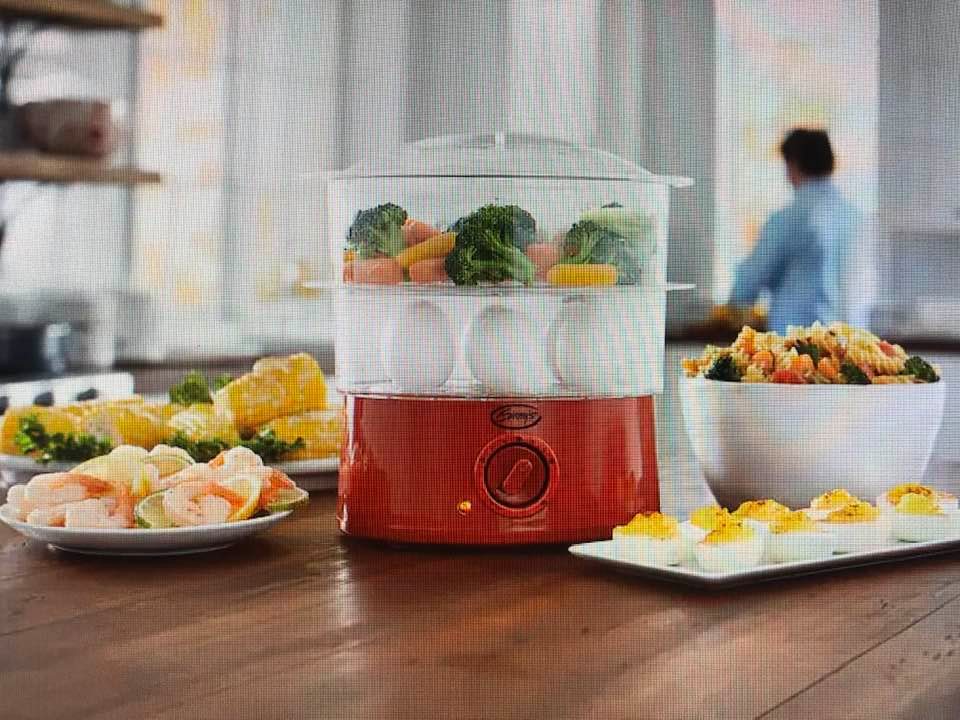 Today’s Gadget is GINNY’S FOOD STEAMER! Steam meat and veggies with ease. It can even cook 12 eggs at a time. It includes a heating base, 2 steamer baskets and a lid, a 60-minute timer, 400 watts. Baskets and lid are dishwasher safe. They sell anywhere from $25-$35.