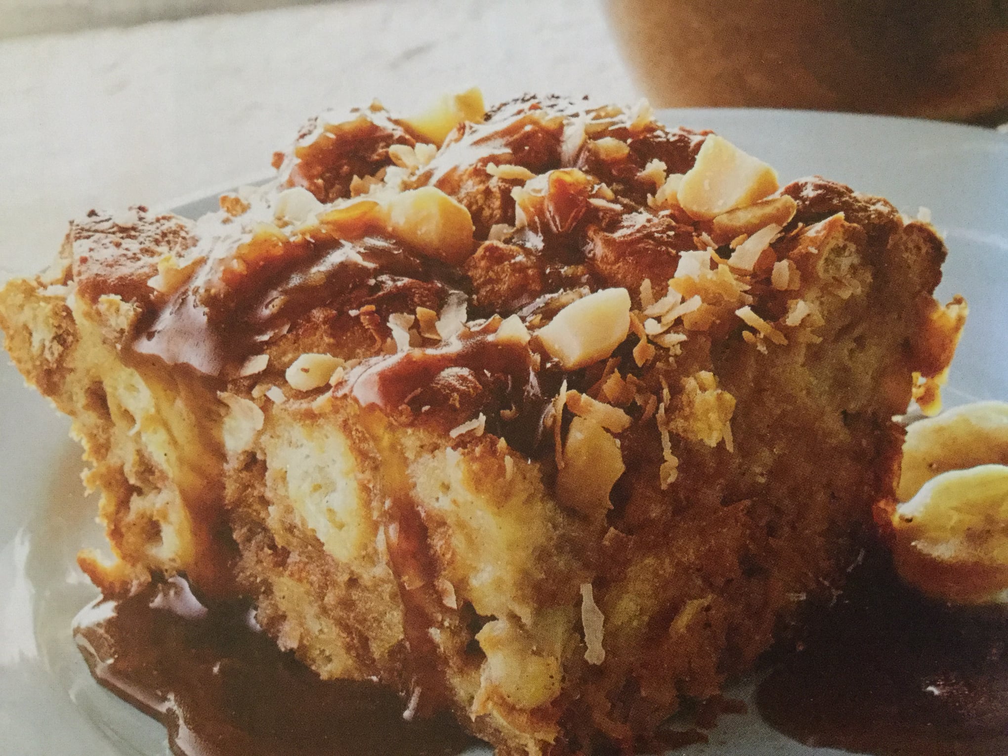 Tropical Coconut-Banana Bread Pudding with Caramel Sauce