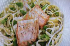 Pan Sauteed Salmon on Snap Peas and Fettuccine