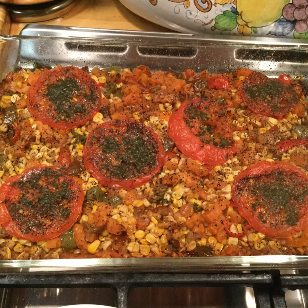 Baked Yam, Corn, Peppers and Tomato Casserole