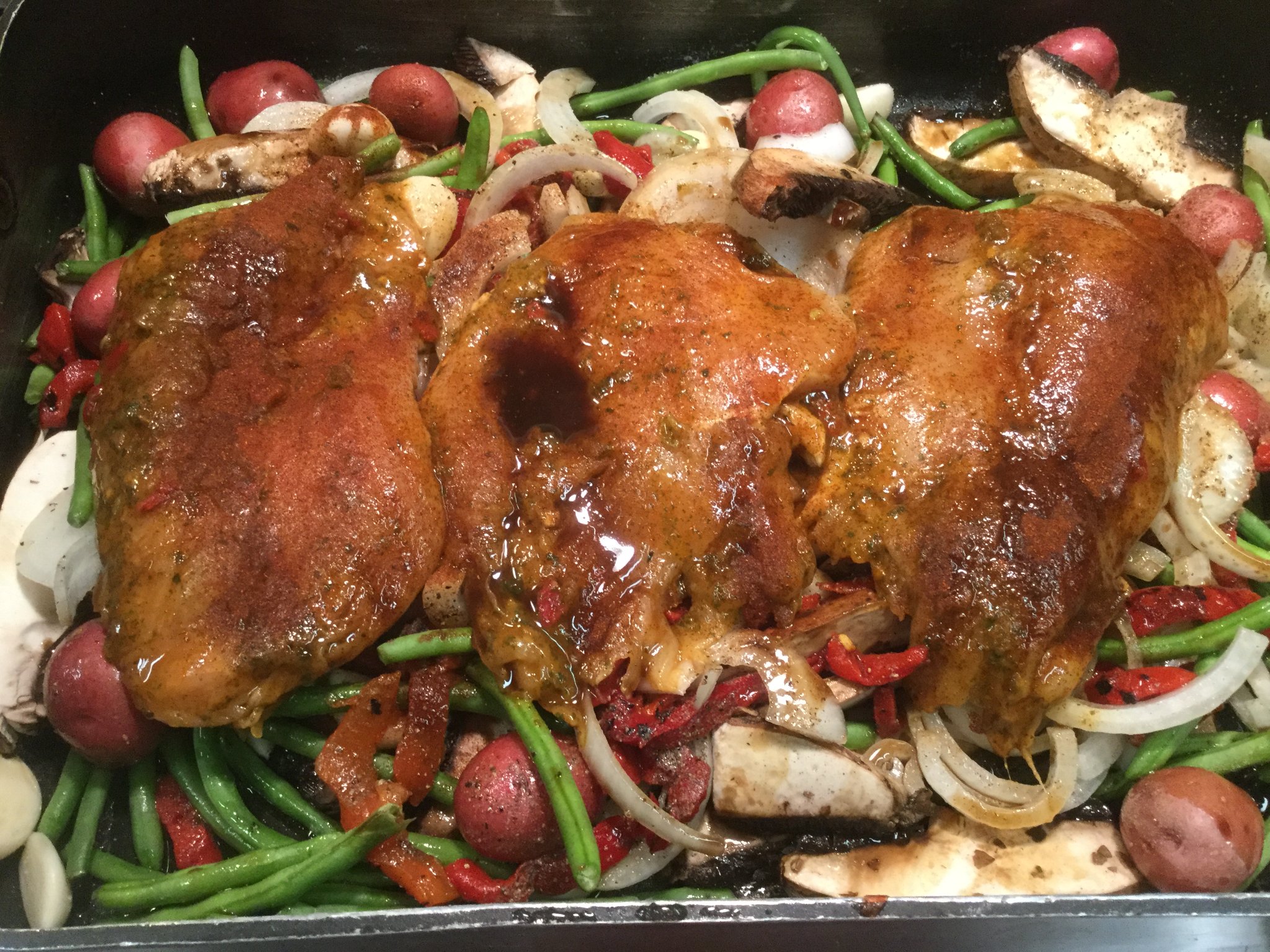Southwest Marinated Chicken Breasts Sheet Pan Meal with Veggies and Potatoes
