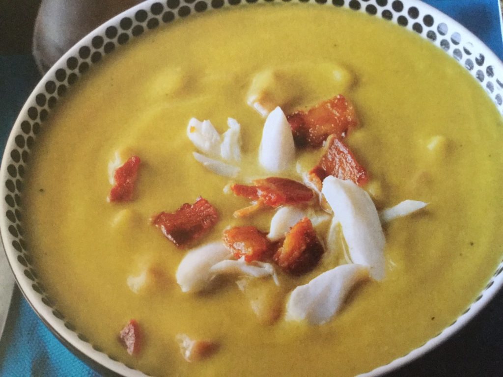 Kicked-Up Split Peas Soup with Bacon and Crabmeat