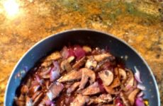 Saute Portabella Mushrooms, Red Onions with Fig Jalapeno Pepper Jelly Red Wind Reduction Sauce