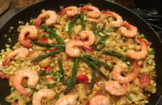 Shrimp, Asparagus, Corn Saute with Pasta