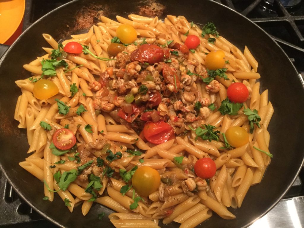 Delicious Saute Crawfish with Roasted Tomatoes over Penne Pasta