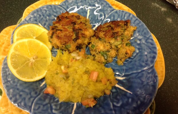 Spaghetti Squash With Zingy Pesto Served With Smoked Salmon And Quinoa Croquettes