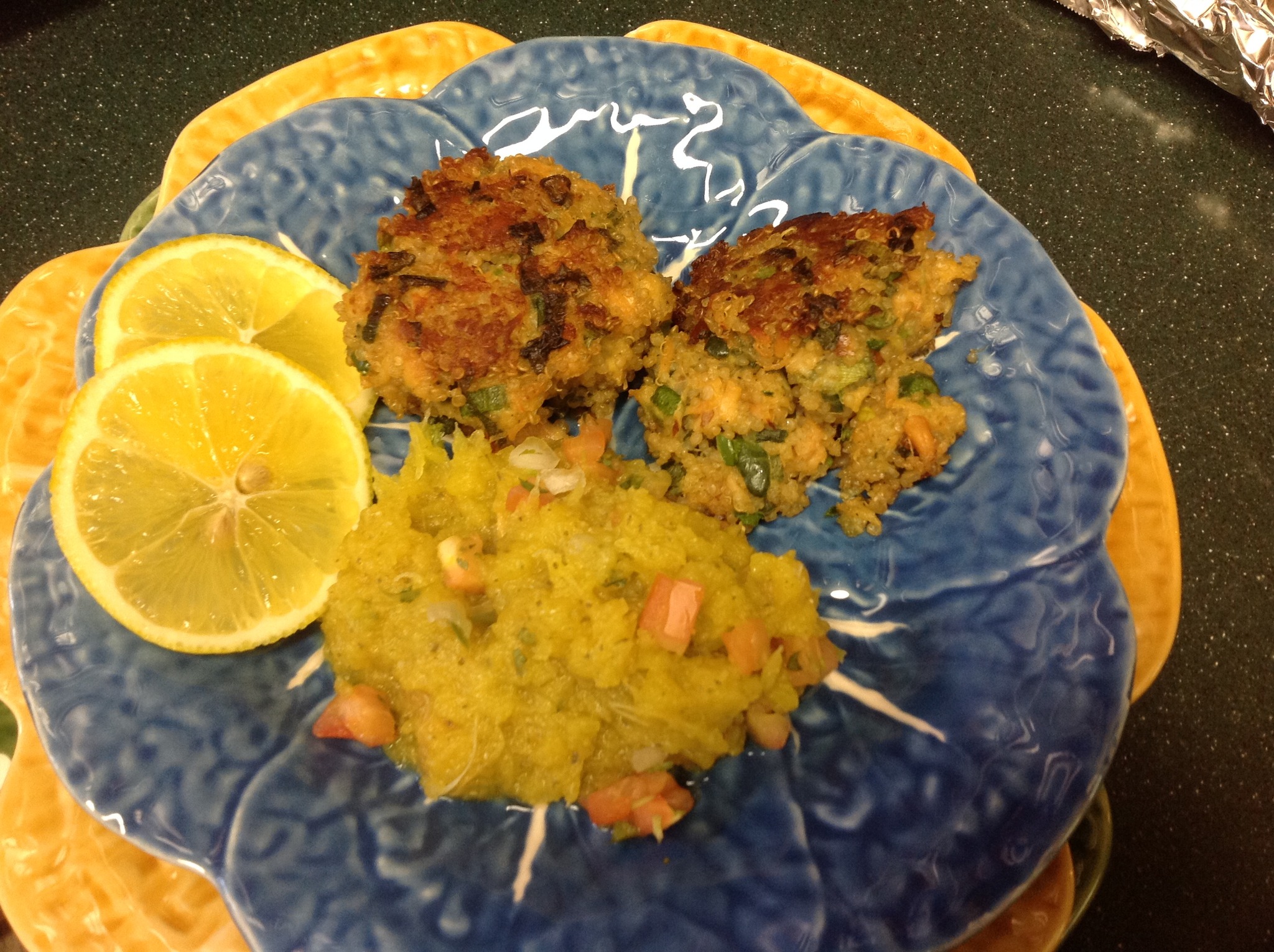 Spaghetti Squash with Zingy Pesto served with Smoked Salmon and Quinoa Croquettes