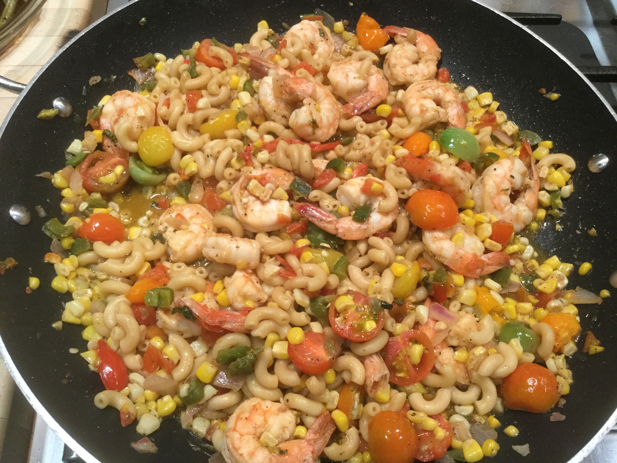 Marvelous and Spicy Shrimp, Pasta, Tomato Skillet