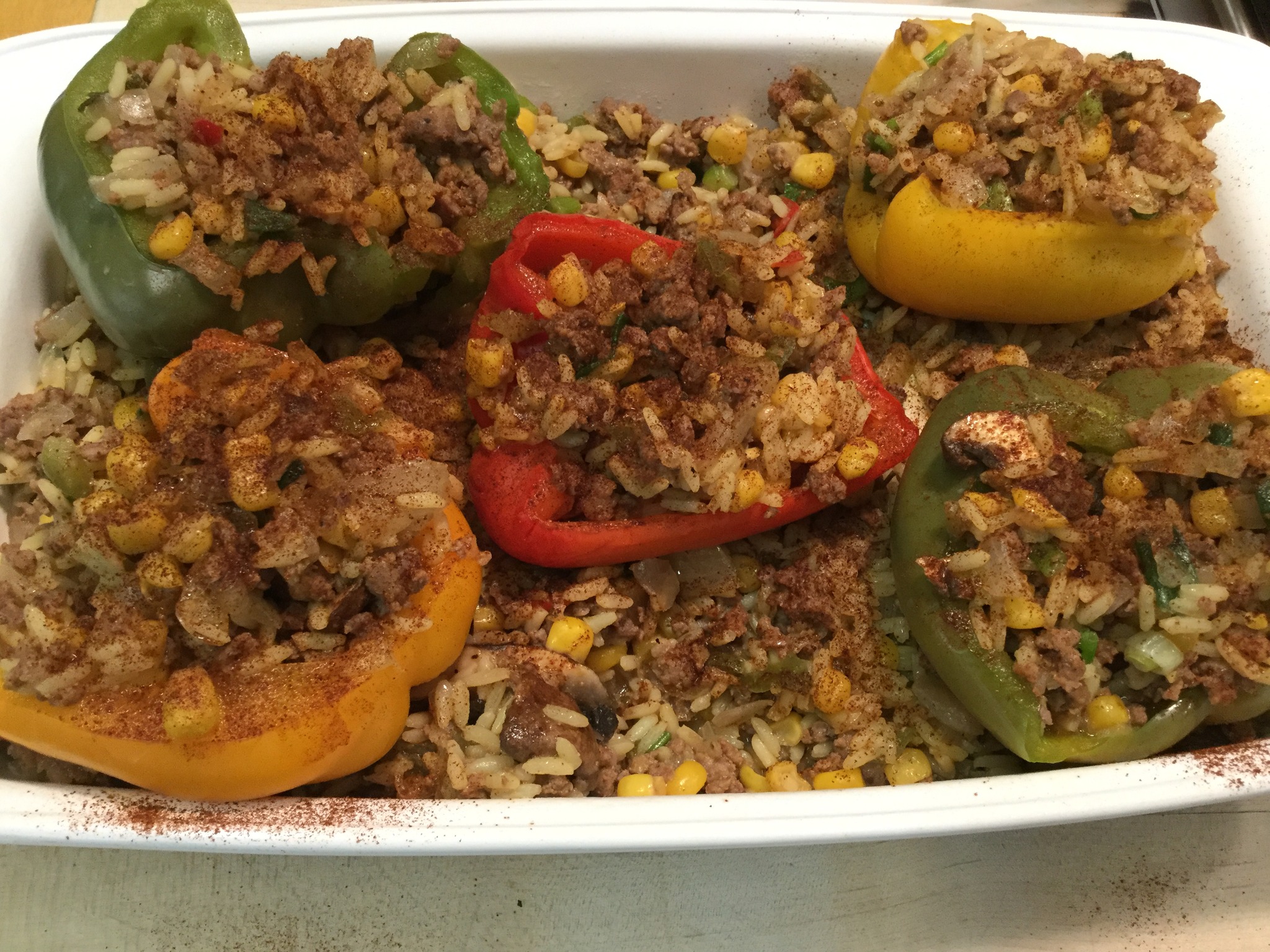 Deer Sausage and Yellow Rice Stuffed Bell Peppers